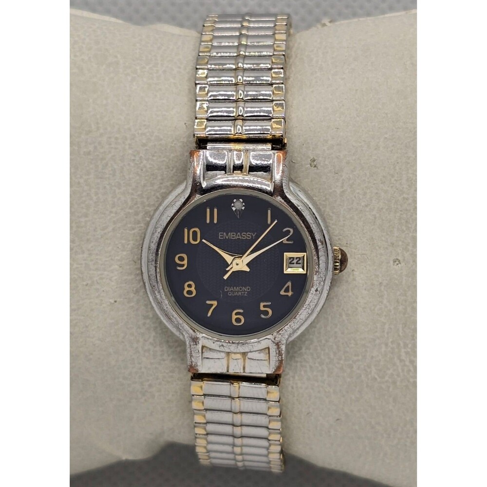 Woman's Embassy Diamond Blue Dial Silver Tone Case Two-Tone Expansion Watch 03